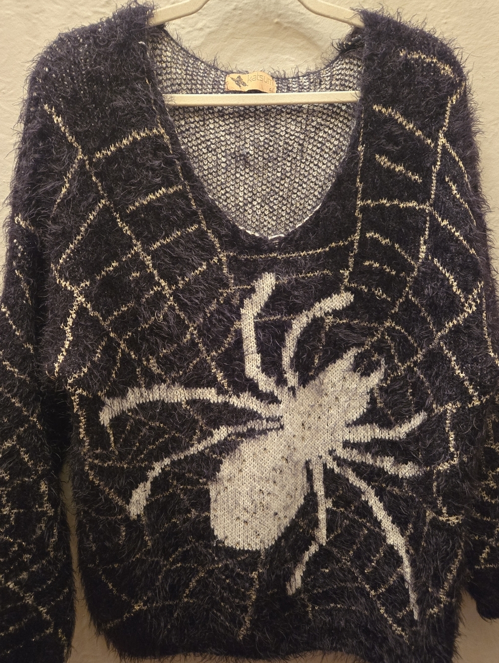 Spider Web Fuzzy Sweater Goth Y2K Black Hairy Knit Oversized Grunge